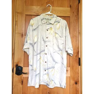 Tommy Bahama 100% Silk Beige Tropical Resort Hawaiian Button Up Shirt LARGE L‎